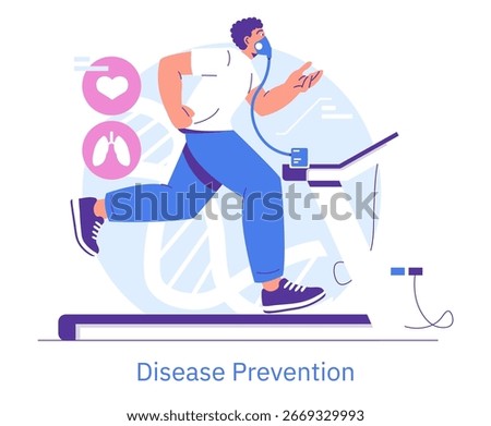 Vector illustration of a person running on a treadmill with a respiratory mask. Emphasizes exercise and healthcare, highlighting disease prevention and fitness monitoring.