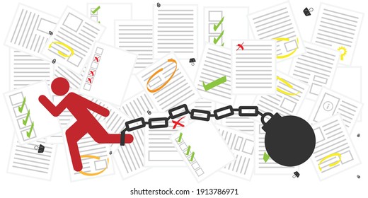 vector illustration person running and papers documents obligation bureaucracy blocks