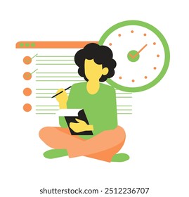 A vector illustration of a person seated on the floor with a notebook and clock. Perfect for themes of time management, productivity, study, or planning. Ideal for educational and business use.
