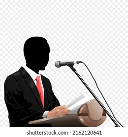 Vector Illustration Of A Person With A Sensor Face Making A Speech With A Microphone On The Podium