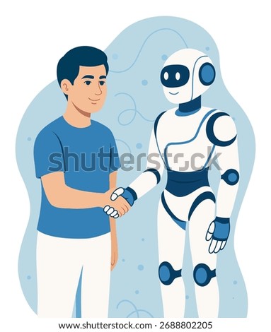 Vector illustration of a person shaking hands with a friendly robot. Human-AI collaboration, innovation, future technologies. For educational purposes, articles, presentations, websites, social media