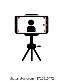 Vector illustration of a person shooting video using a mobile phone and tripod on a white background