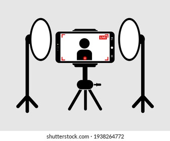 Vector illustration of a person shooting video using a mobile phone and tripod on a gray background