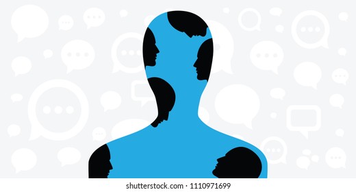 vector illustration of person silhouette with other faces inside for inner voices and multiply personalities concept