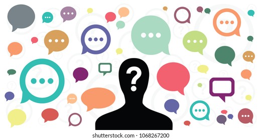vector illustration of person silhouette with question mark and comments speech bubbles