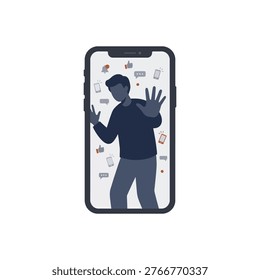 A vector illustration of a person silhouette trapped inside a mobile phone screen with social media symbols representing internet addiction and digital detox concept