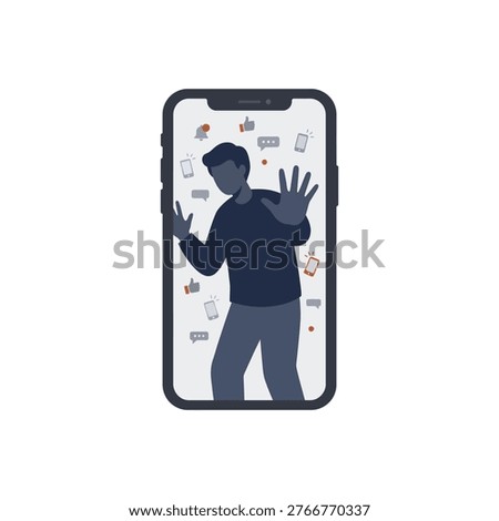 A vector illustration of a person silhouette trapped inside a mobile phone screen with social media symbols representing internet addiction and digital detox concept