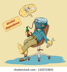 vector illustration of a person sitting in a chair with an aquarium instead of a head in his hands, holding a bottle and a fish social problem alcohol addiction, bad habits