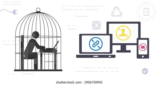 vector illustration of person sitting with computer in cage and social media restrictions