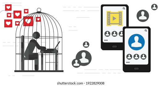 vector illustration person sitting with computer in cage likes users symbols virtual socialization