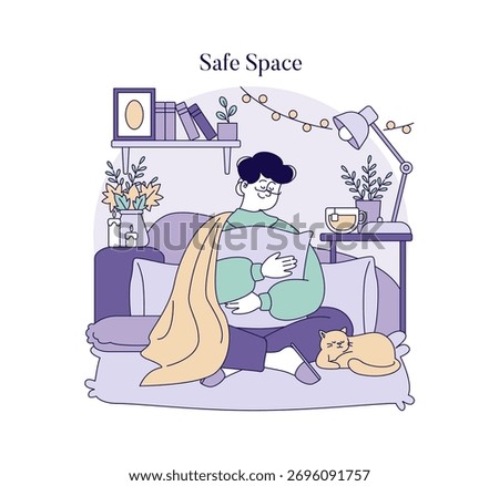 Vector illustration of a person sitting on a couch hugging a pillow, with a cat curled up nearby and a cup of tea on the table. The setting exudes warmth and comfort.