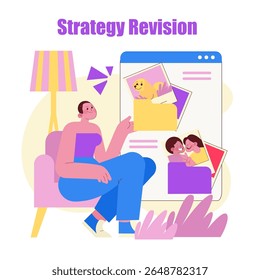 Vector illustration of a person sitting and pointing at digital photos on a large screen. The image highlights a strategy revision with folders and happy expressions in colorful tones.