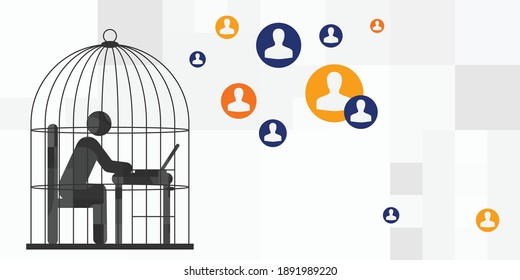 vector illustration of person sitting at table in cage for work from home and restrictions concept