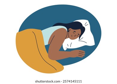 Vector illustration of person sleeping in bed, cozy atmosphere, peaceful rest, and relaxation. Flat cartoon character, woman with dark skin resting, perfect for wellness, sleep, and health designs