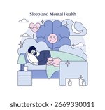 Vector illustration of a person sleeping peacefully with a cat, symbolizing the connection between sleep and mental health. Includes elements like clouds, a brain, and calming symbols.