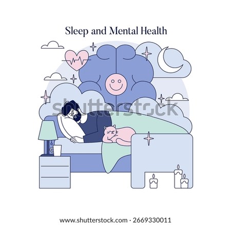 Vector illustration of a person sleeping peacefully with a cat, symbolizing the connection between sleep and mental health. Includes elements like clouds, a brain, and calming symbols.