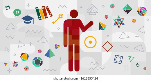 vector illustration of person with smart wise character and knowledge and science symbols