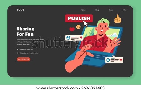Vector illustration of a person smiling and interacting with social media elements on a computer screen. Pushing a publish button symbolizes online engagement and sharing.