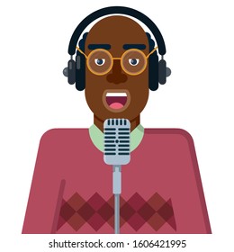 vector illustration with person speaking into microphone and wearing headphones