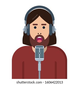 vector illustration with person speaking into microphone and wearing headphones
