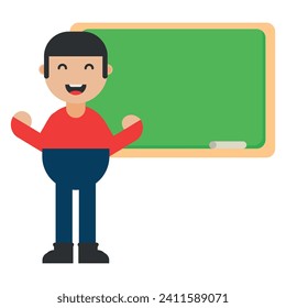 A vector illustration of a person standing in front of a blank green chalkboard, ready to write or draw. Teacher and education.