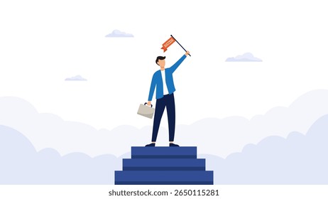 vector illustration of A person in a suit holding a success flag at the top of stairs, emphasizing achievements and motivation.