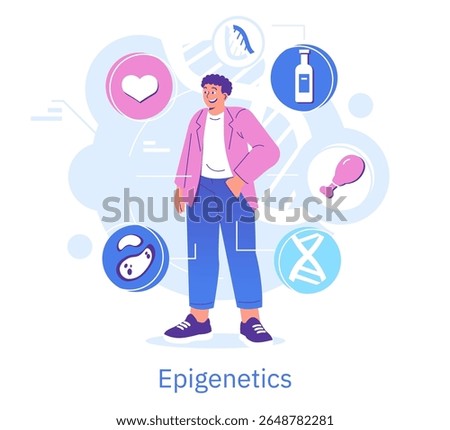 Vector illustration of a person surrounded by symbols representing lifestyle factors affecting epigenetics. Displays DNA, diet, and health-related icons for educational insight.