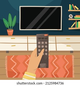 Vector illustration of a person switching channels with a TV remote. The interior of a living room with a TV, a chest and a potted plant.