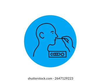 Ilustração vetorial de uma pessoa fazendo um teste de esfregaço para Covid-19, com um kit de teste mostrado abaixo. Fundo de círculo azul. Perfeito para conteúdo médico, pandêmico e de saúde.