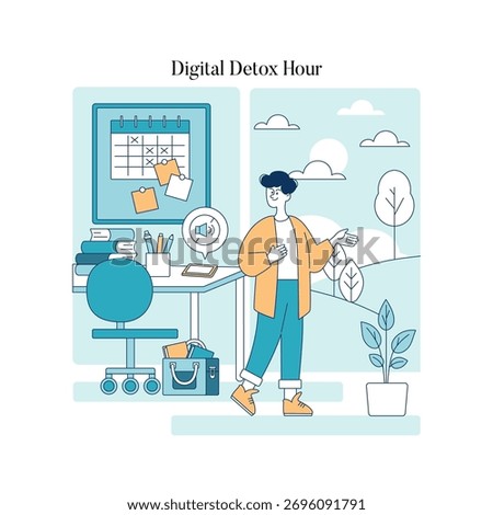 Vector illustration of a person taking a digital detox break, stepping away from a desk filled with gadgets and a calendar, emphasizing the need for balancing technology use and relaxation.