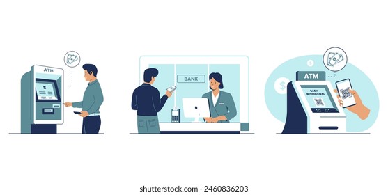 Vector illustration of person taking money from ATM. Flat illustration set