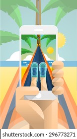 ilustración vectorial con una persona tomando una fotografía en una hamaca