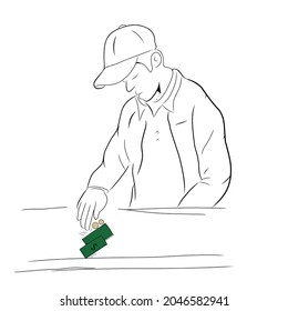 Vector illustration of a person transacting with conventional payment in line art