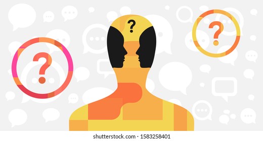 vector illustration of person with two faces inside for inner dialog and psychological conflict visual