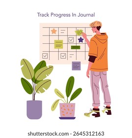 Vector illustration of a person updating task status on a progress board. The individual is engaged in organizing tasks, reflecting modern productivity and planning methods with a focused demeanor.