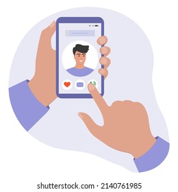 Vector illustration Person uses cell phone dating app. Find love online concept. Modern youth is looking for a couple. Virtual relationships. Man's profile photo on the social networks. Romantic
