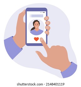 Vector illustration Person uses cell phone dating app. Find love online concept. Modern youth is looking for a couple. Virtual relationships. Girl's profile photo on the social networks. Romantic