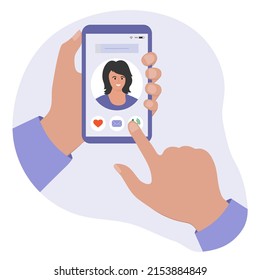 Ilustración vectorial Persona utiliza la aplicación de citas por teléfono móvil. Encuentra el concepto de amor en línea. La juventud moderna está buscando una pareja. Relaciones virtuales. Foto de perfil de una chica en las redes sociales. Romántico