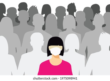 Vector illustration of a person using a health mask. Concern for the prevention of contracting the corona virus. Someone wears virus protection among others in the crowd