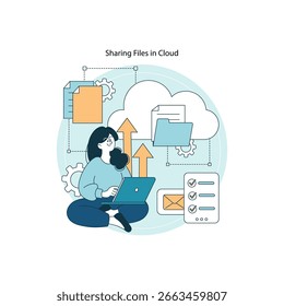 Vector illustration of a person using a laptop to share files in the cloud. Features upward arrows, cloud icons, and various documents in a digital network scene. - Powered by Shutterstock - Get 15% off with code: PIKWIZARD15