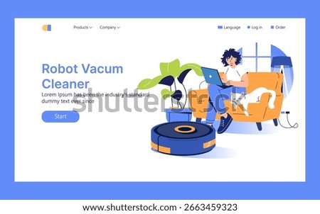 Vector illustration of a person using a laptop on a couch beside a cat with a robot vacuum cleaner in action. Modern home technology and relaxed lifestyle depicted.