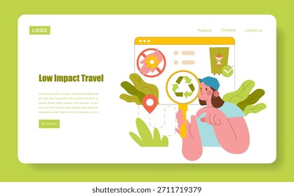 Ilustração vetorial de uma pessoa usando uma lupa para procurar opções de viagem ecológicas. Apresentando símbolos de sustentabilidade e elementos com tema ecológico vibrantes que promovem viagens de baixo impacto.