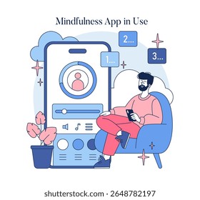 Vector illustration of a person using a mindfulness app on a smartphone. The user, seated comfortably, appears calm and focused, engaging with the app's meditation features.