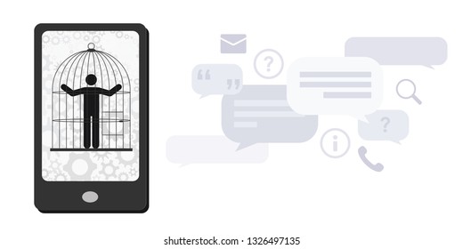 vector illustration of person using mobile phone in cage and messages for blocked communication and social isolation concept