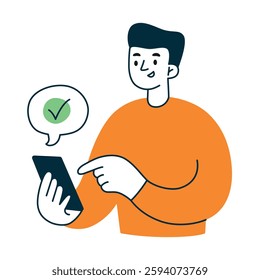 Vector illustration of person using smartphone, man tapping button, green checkmark in message. Confirmation, approval, successful transaction, task completion, authentication icon for UI UX design