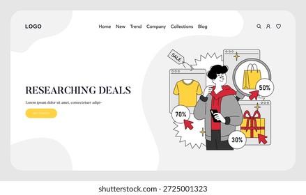 Ilustração vetorial de uma pessoa usando um smartphone para pesquisar ofertas on-line com ícones de vendas, como roupas, caixas de presentes e sacolas de compras mostrando porcentagens de desconto.