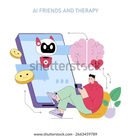 Vector illustration of a person using a smartphone for therapy, interacting with an AI companion. Features emotional support symbols like a brain and heart, highlighting mental health.