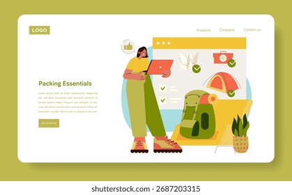 Vector illustration of a person using a tablet to plan travel packing essentials, including a camping backpack, first aid kit, and map. The image showcases efficient trip preparation.