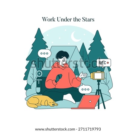 Vector illustration of a person vlogging outside at night with camera equipment and laptop. They sit near a tent under stars and trees, exuding a relaxed and creative atmosphere.