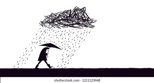 A vector illustration of a person walking beneath a constant stormcloud.